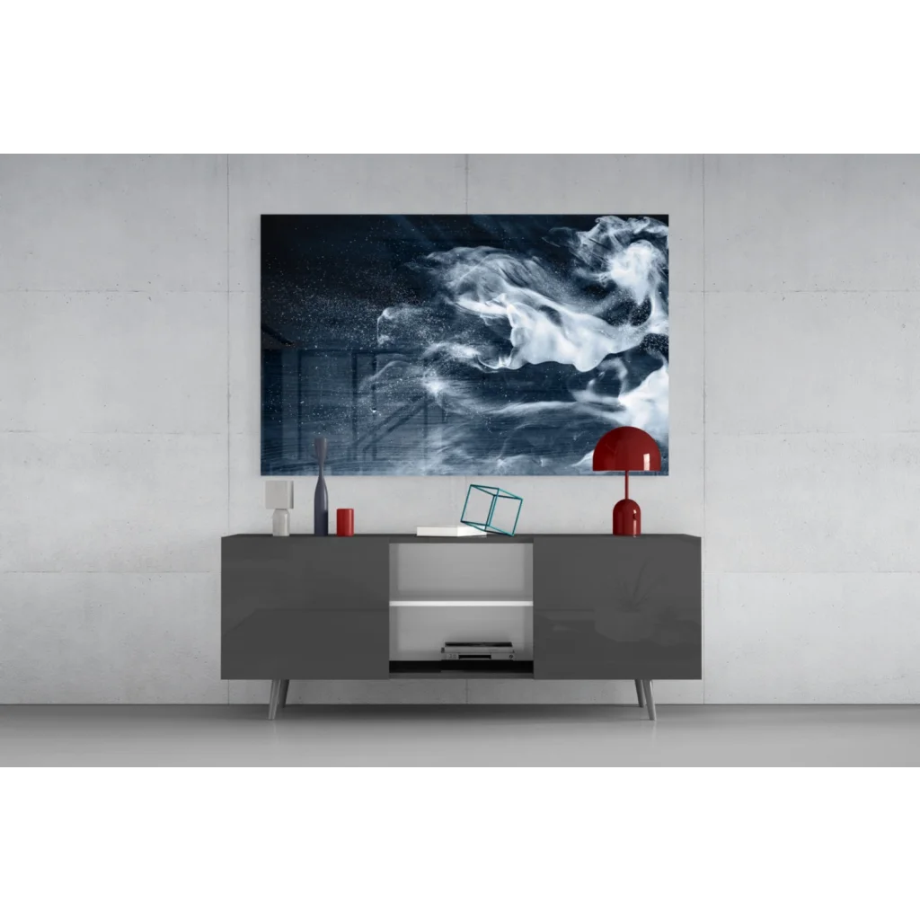 Modern glass wall art print with swirling white and dark blue cosmic patterns