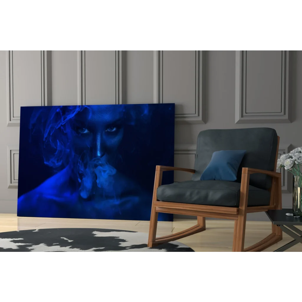 Ethereal blue smoke portrait canvas wall art with glowing eyes