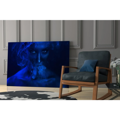 Ethereal blue smoke portrait canvas wall art with glowing eyes