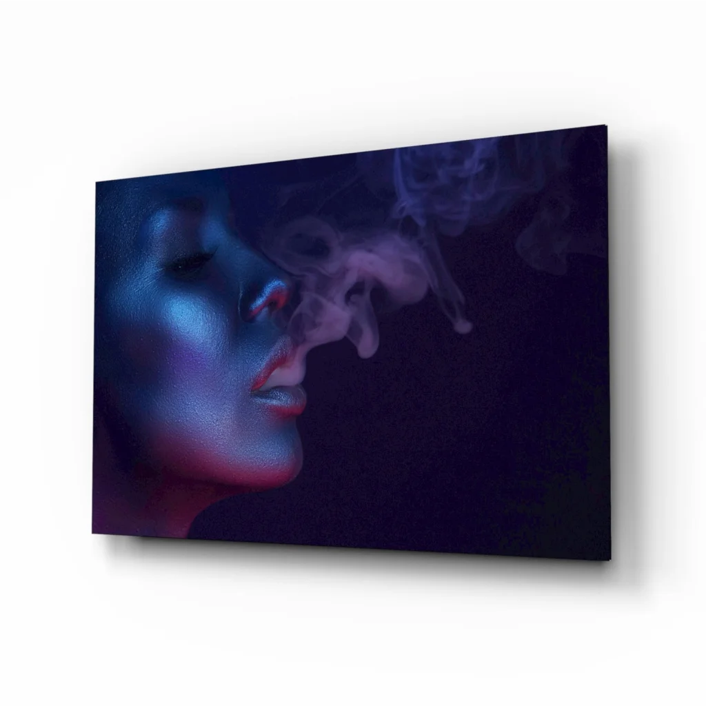 Mystical purple blue smoke portrait of woman’s face as wall art canvas