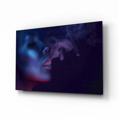 Mystical purple blue smoke portrait of woman’s face as wall art canvas