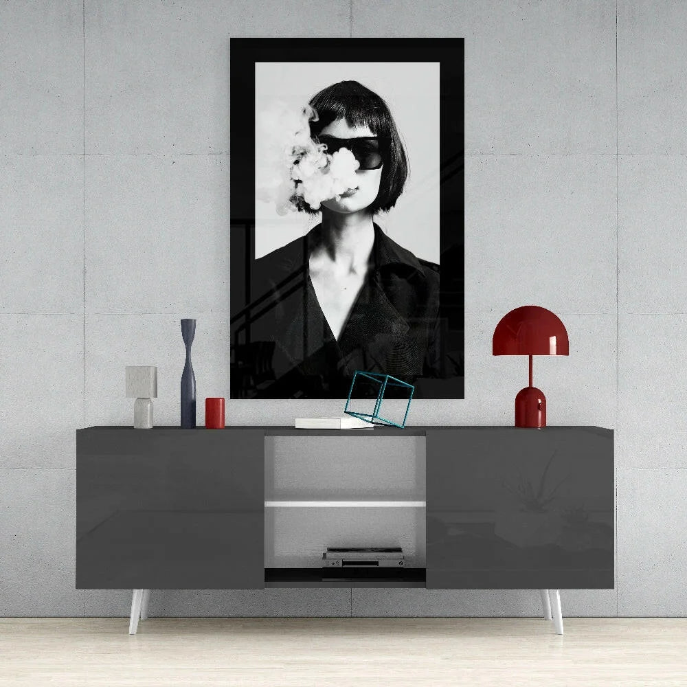 Mysterious black-and-white woman in sunglasses, smoke face, modern glass wall art