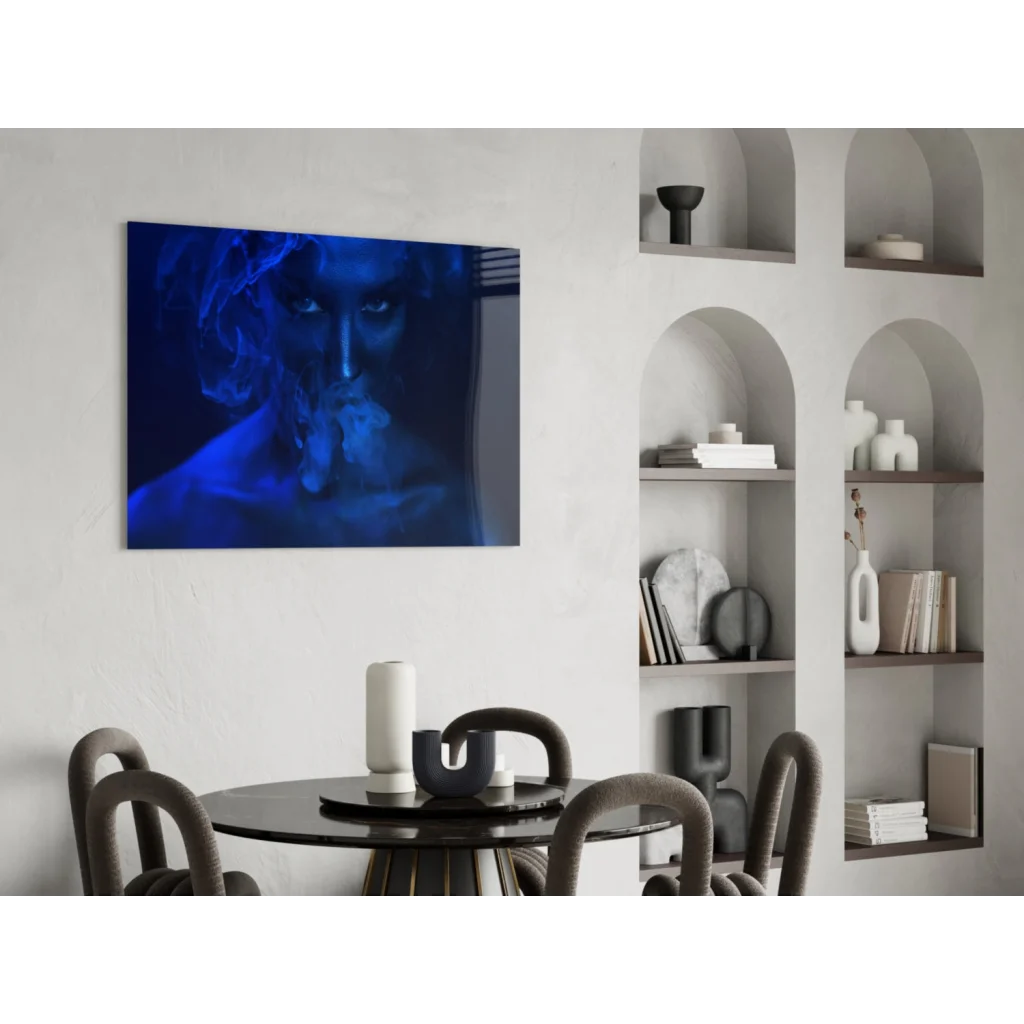 Ethereal blue smoke portrait canvas wall art hanging on wall