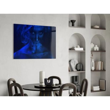 Ethereal blue smoke portrait canvas wall art hanging on wall