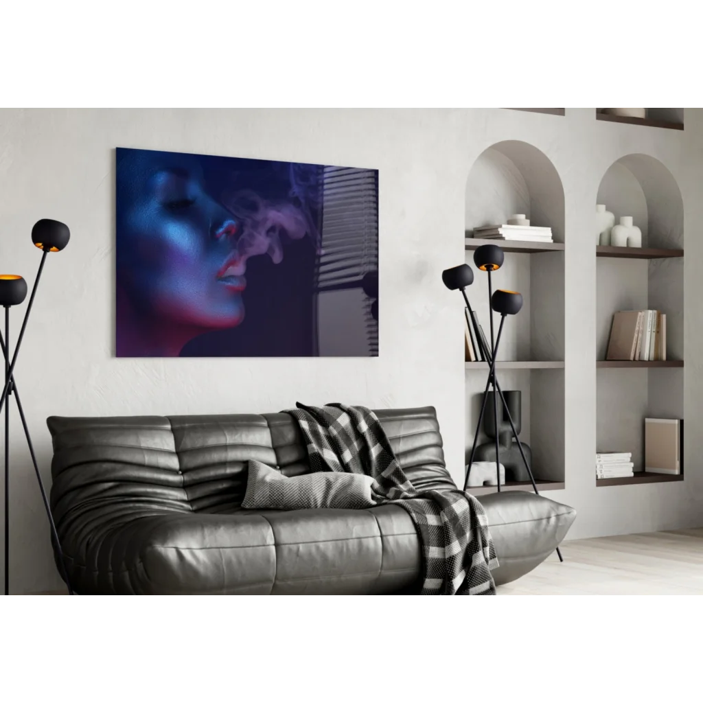 Sleek gray leather sofa under Mystical Purple Blue Smoke wall art
