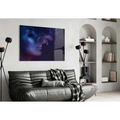 Sleek gray leather sofa under Mystical Purple Blue Smoke wall art