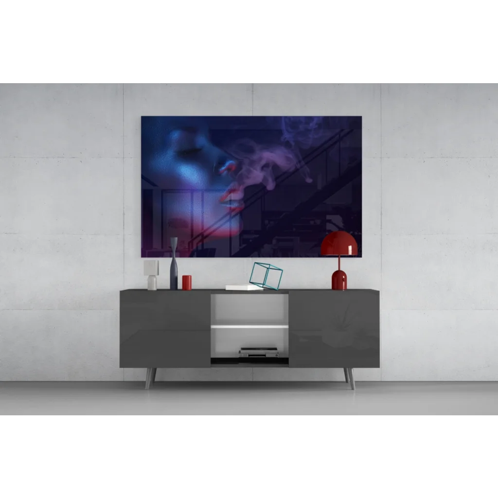 Sleek gray sideboard with mystical purple blue smoke portrait wall art