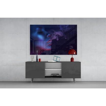 Sleek gray sideboard with mystical purple blue smoke portrait wall art