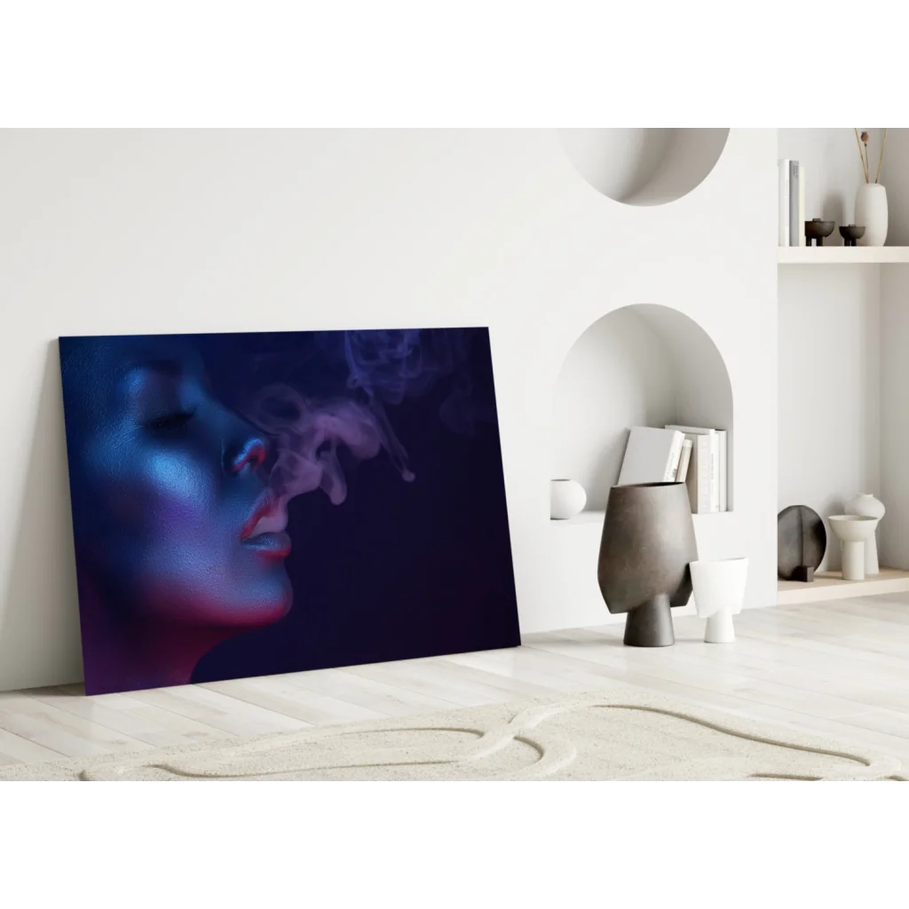 Mystical purple blue smoke portrait canvas wall art with stylized face in blue purple lighting on dark background