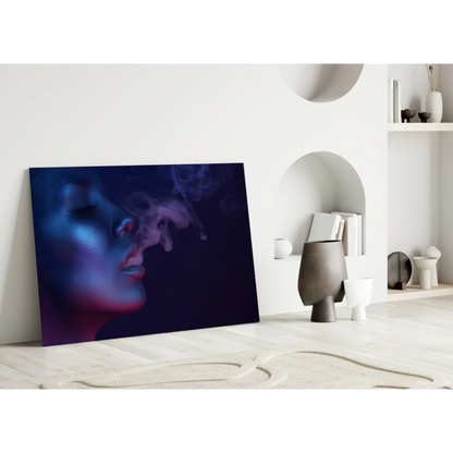 Mystical purple blue smoke portrait canvas wall art with stylized face in blue purple lighting on dark background