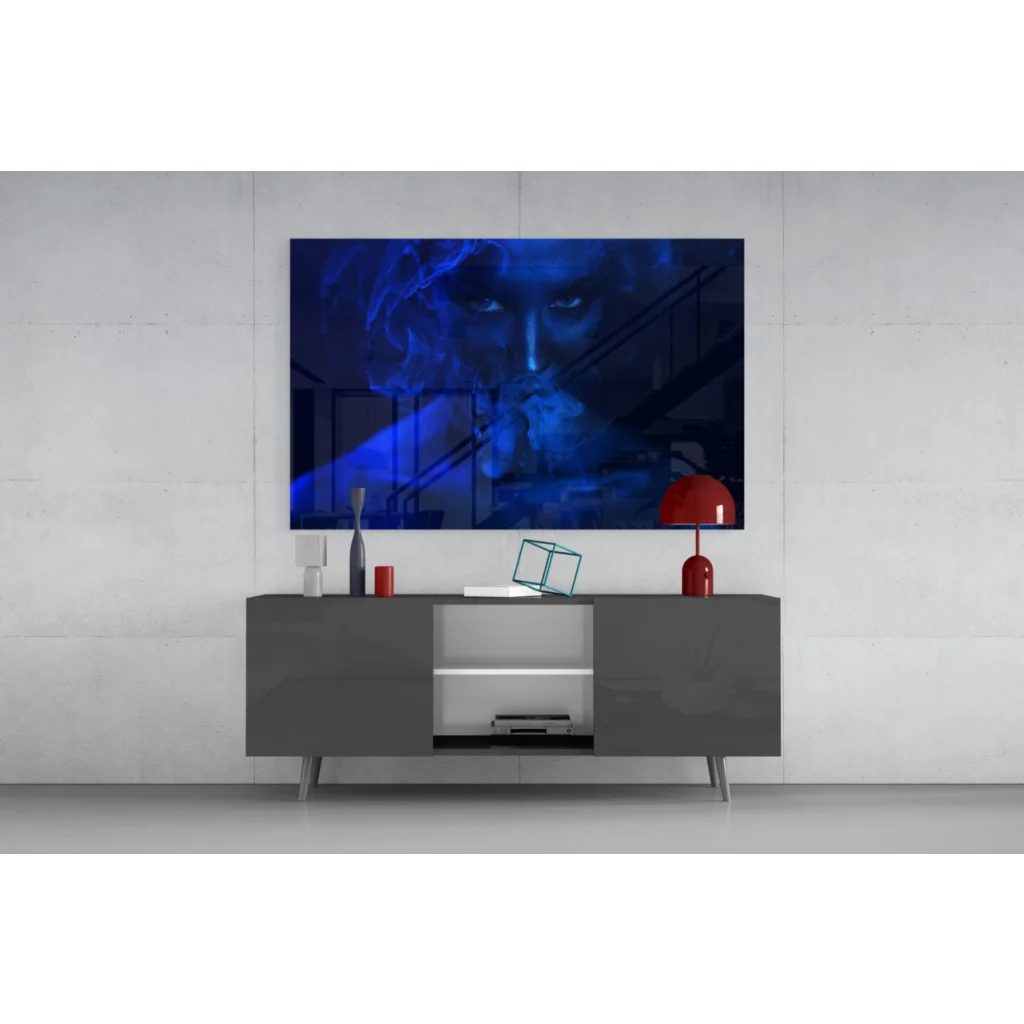 Ethereal blue smoke portrait glass wall art with haunting glowing eyes