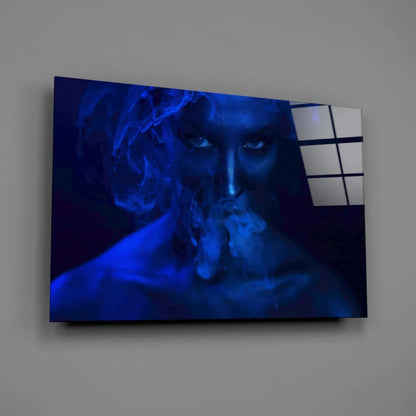 Ethereal blue smoke portrait canvas wall art with exhaling figure
