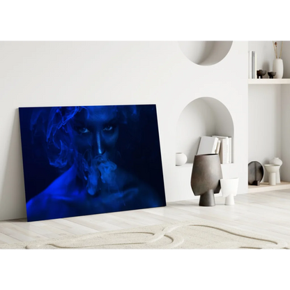 Ethereal blue smoke portrait canvas wall art in minimalist room