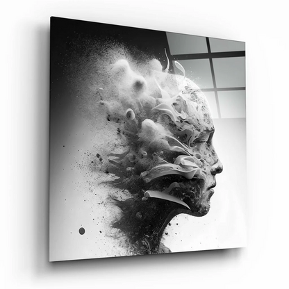 Black-and-white abstract portrait glass wall art with swirling details