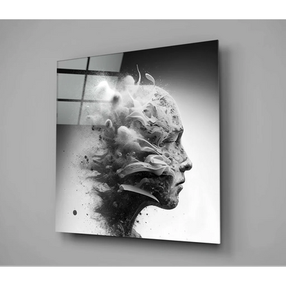 Black-and-white abstract portrait glass wall art with swirling details