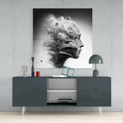 Black and white abstract portrait glass wall art with swirling details