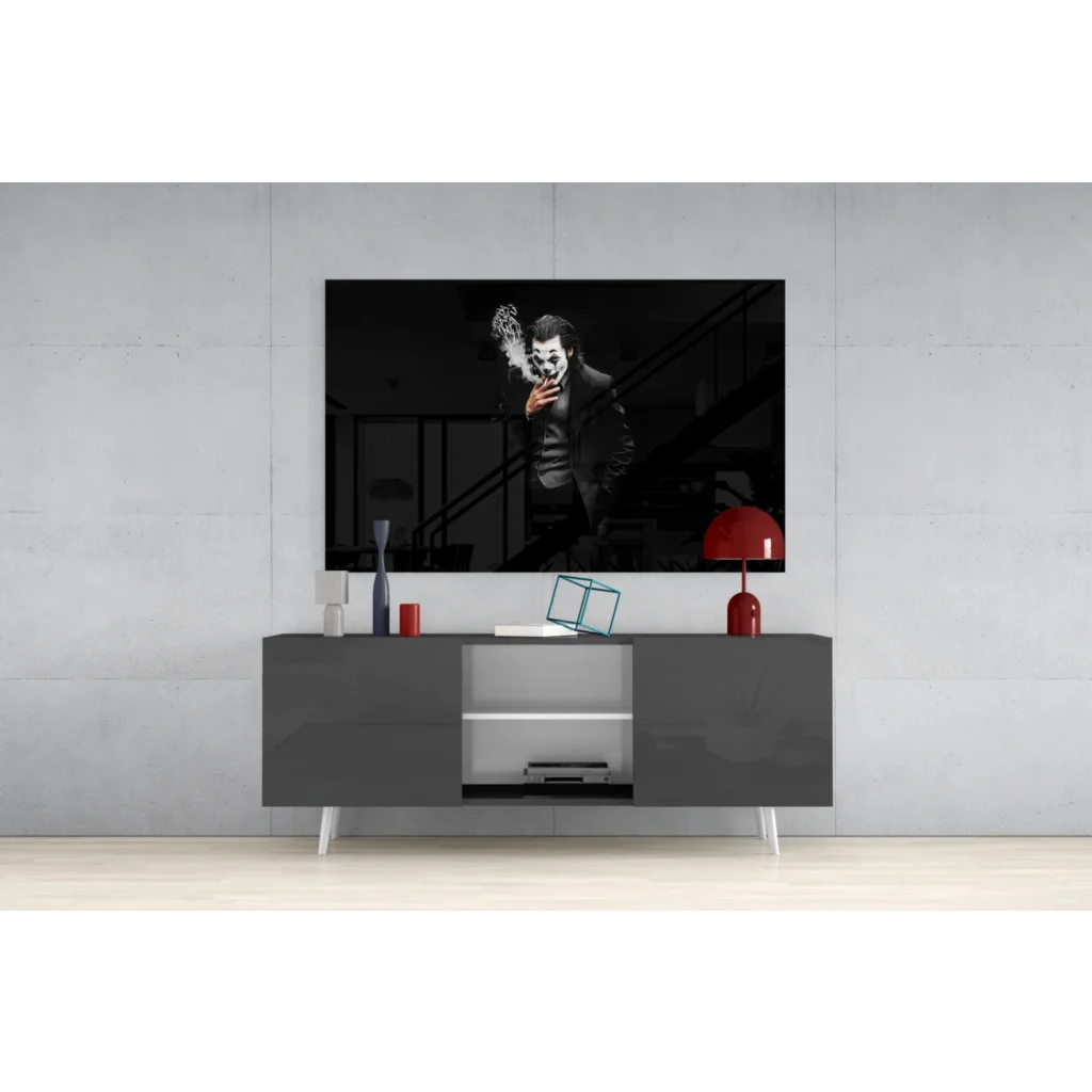 Smoking Joker glass wall art poster in bold black and white