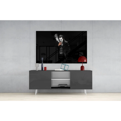 Smoking Joker glass wall art poster in bold black and white