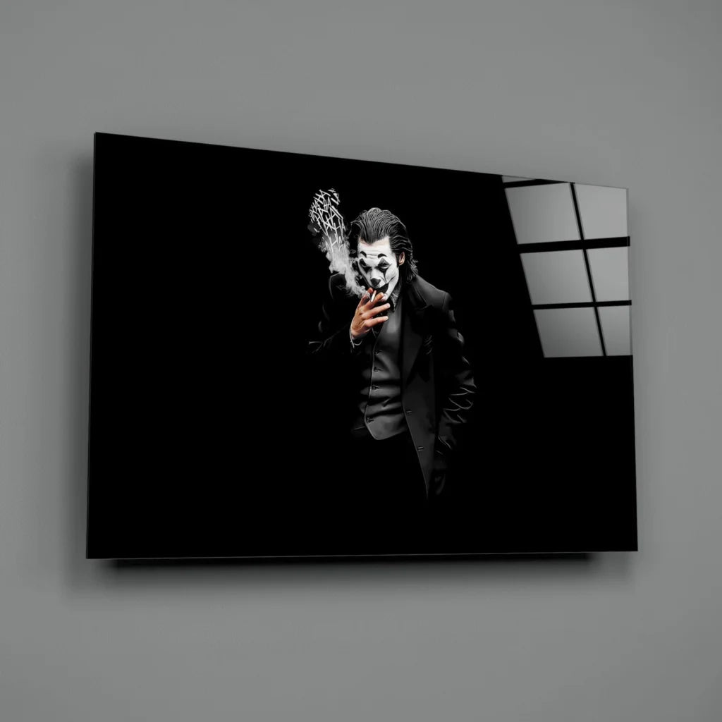 Smoking Joker glass wall art poster in bold black and white