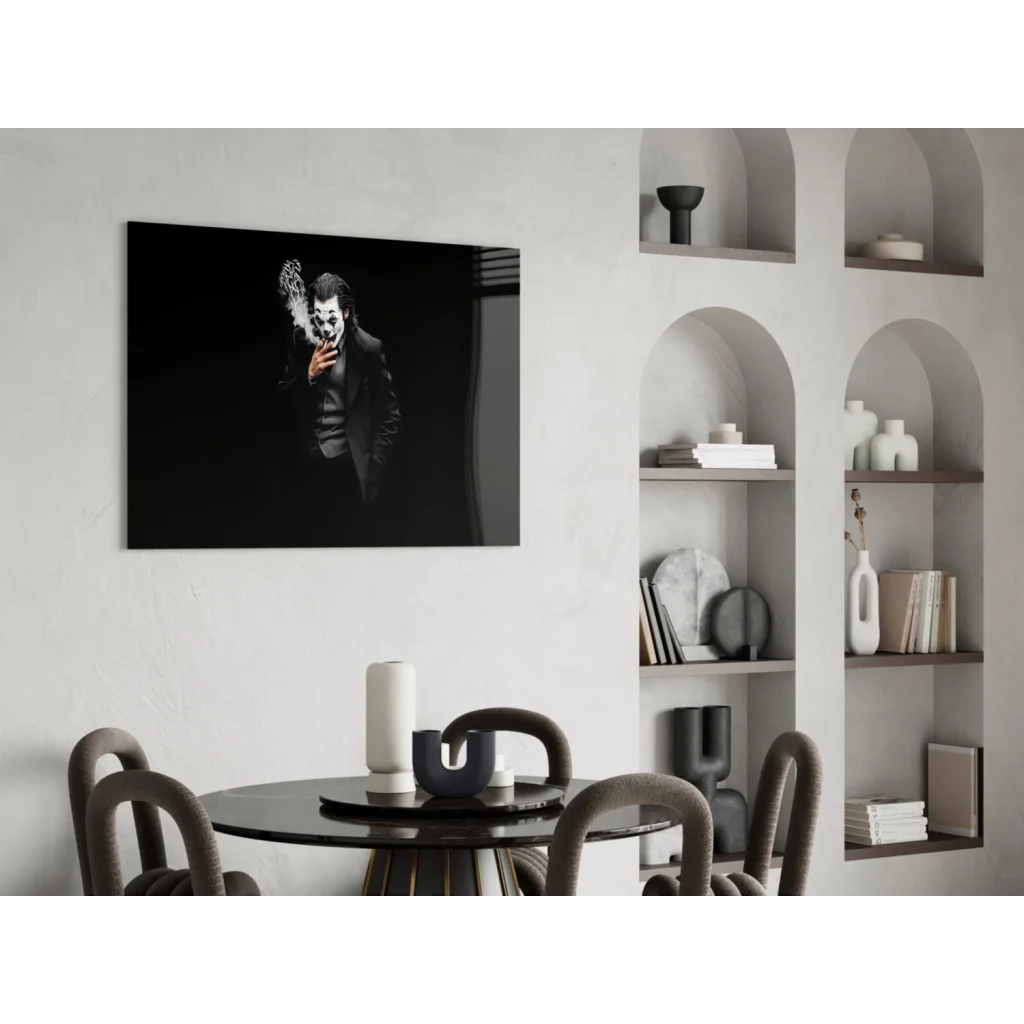 Smoking Joker black and white glass wall art poster on wall