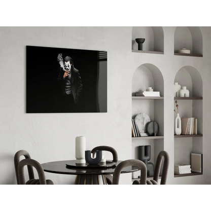 Smoking Joker black and white glass wall art poster on wall