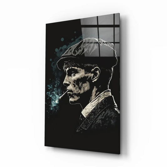 Stylized black gray smoking man flat cap canvas wall art portrait print