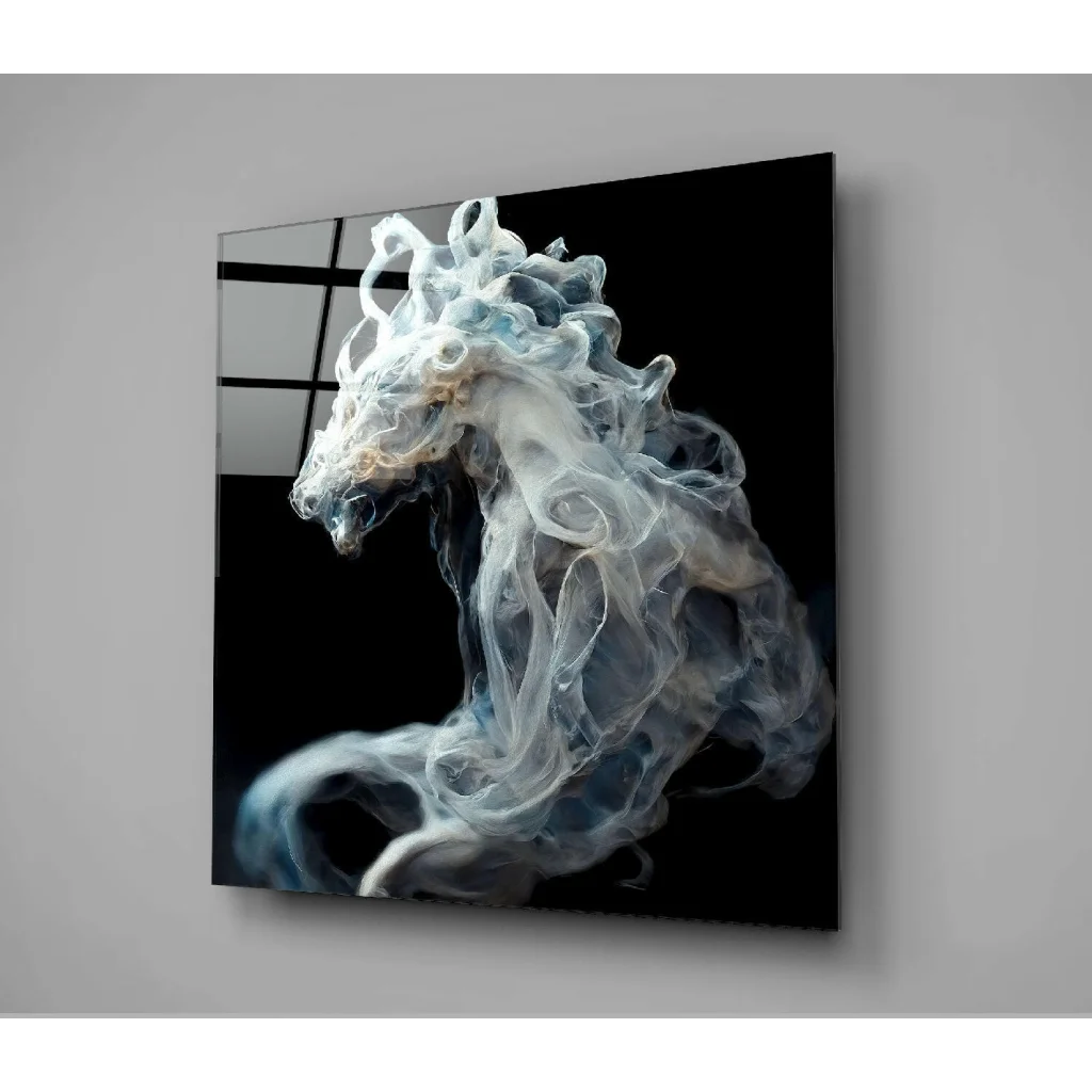 Ethereal Smoke Horse Glass Wall Art with Metallic Frame | Glass Wall Art Print | vintageantiquesgifts.com