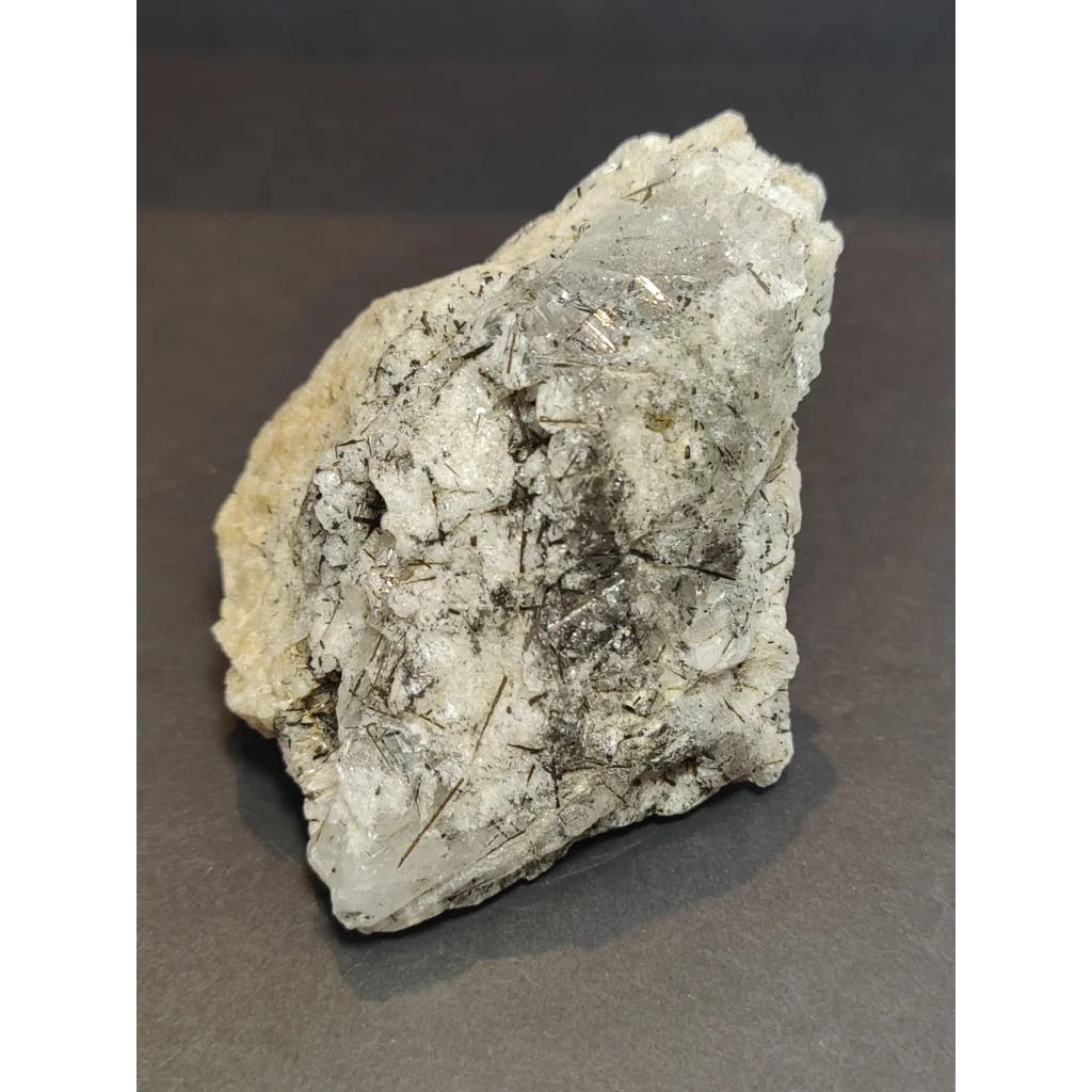 Translucent white smoky quartz natural elestial points with dark needle-like inclusions in quartz natural elestial form