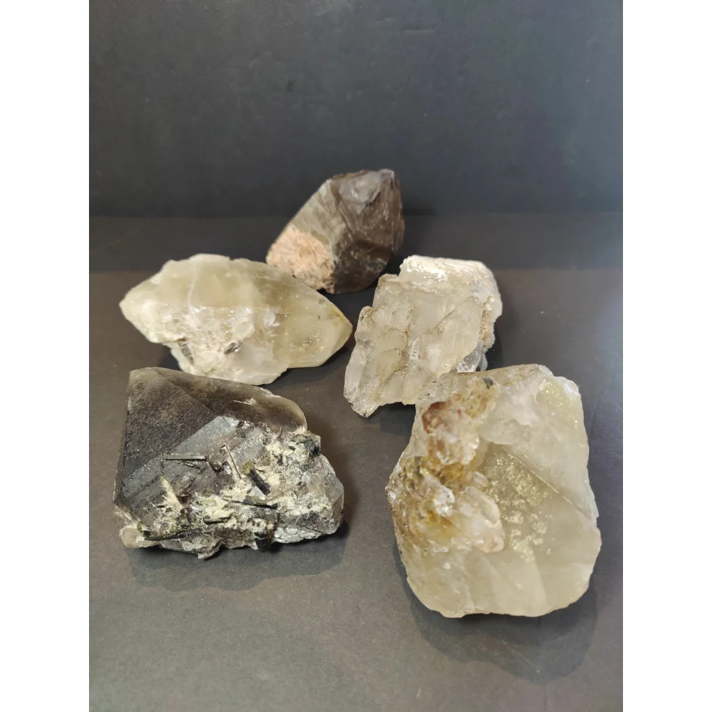 Five raw smoky quartz natural elestial points with translucent clear and smoky brown hues natural quartz elestial