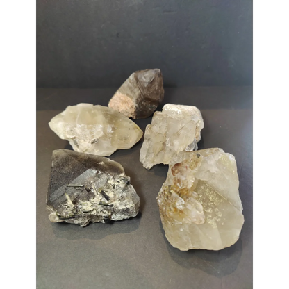 Five raw smoky quartz natural elestial points with translucent clear and smoky brown hues natural quartz elestial