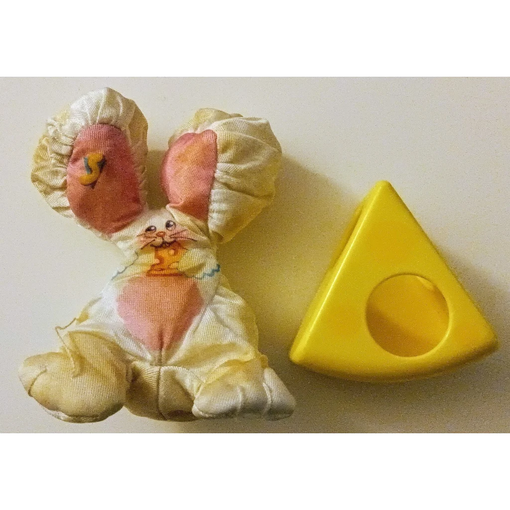 Smooshees Critters Nibble Mouse with yellow cheese toy holder and bunny chef plushie
