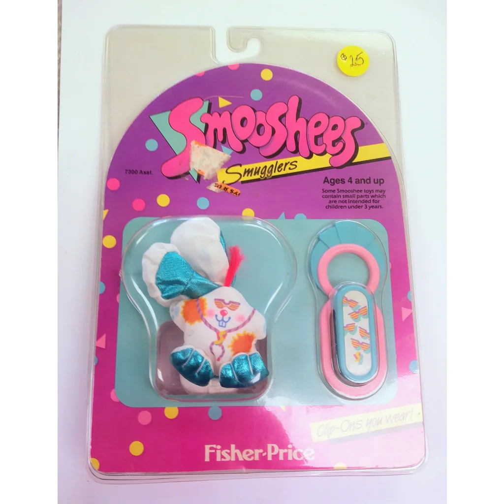 Vintage 1988 Smooshees Smugglers Snuggle Bunny clip-on plush toy