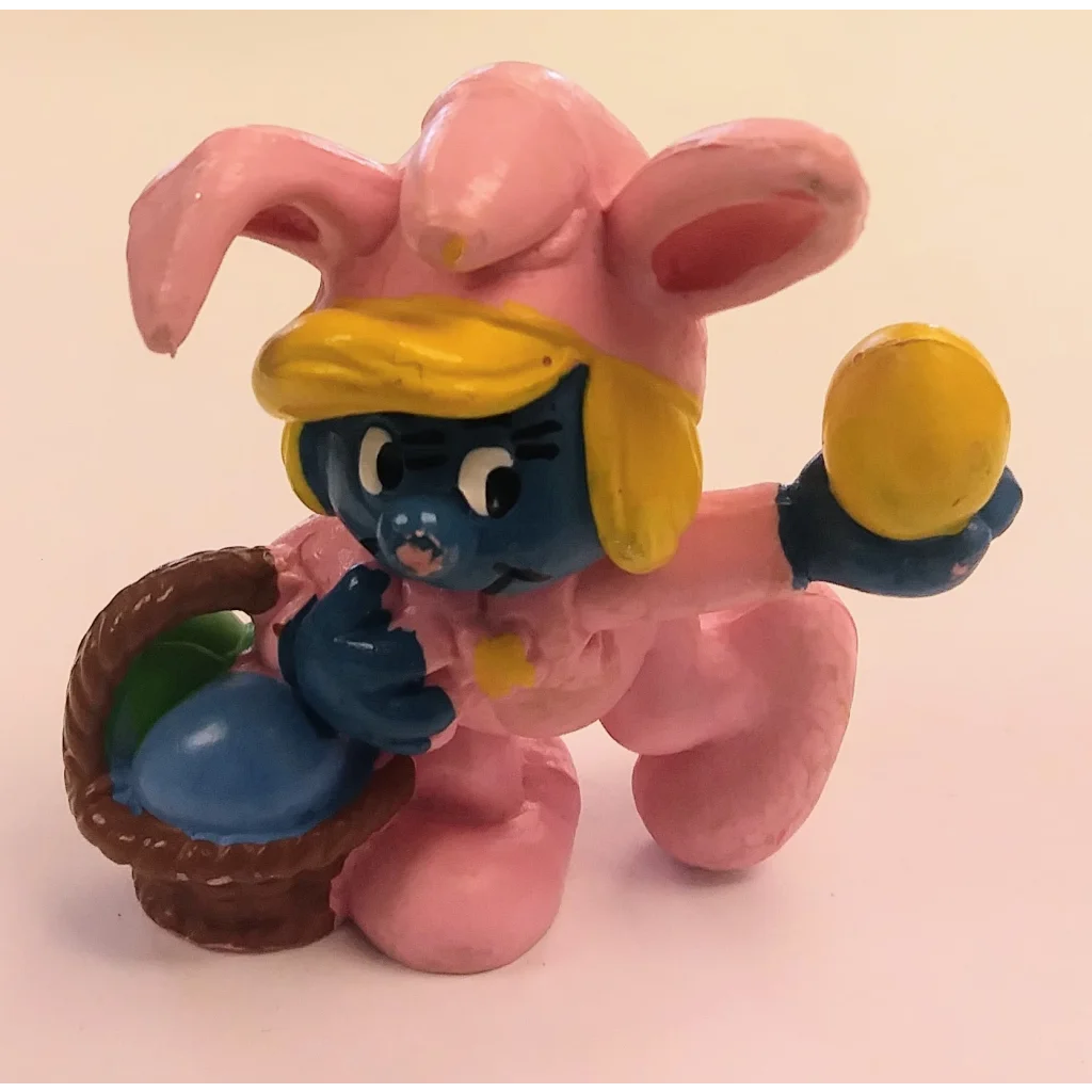 Vintage 1982 Easter Bunny Smurfette pink bunny figurine with yellow hat