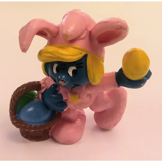 Vintage 1982 Easter Bunny Smurfette pink bunny figurine with yellow hat