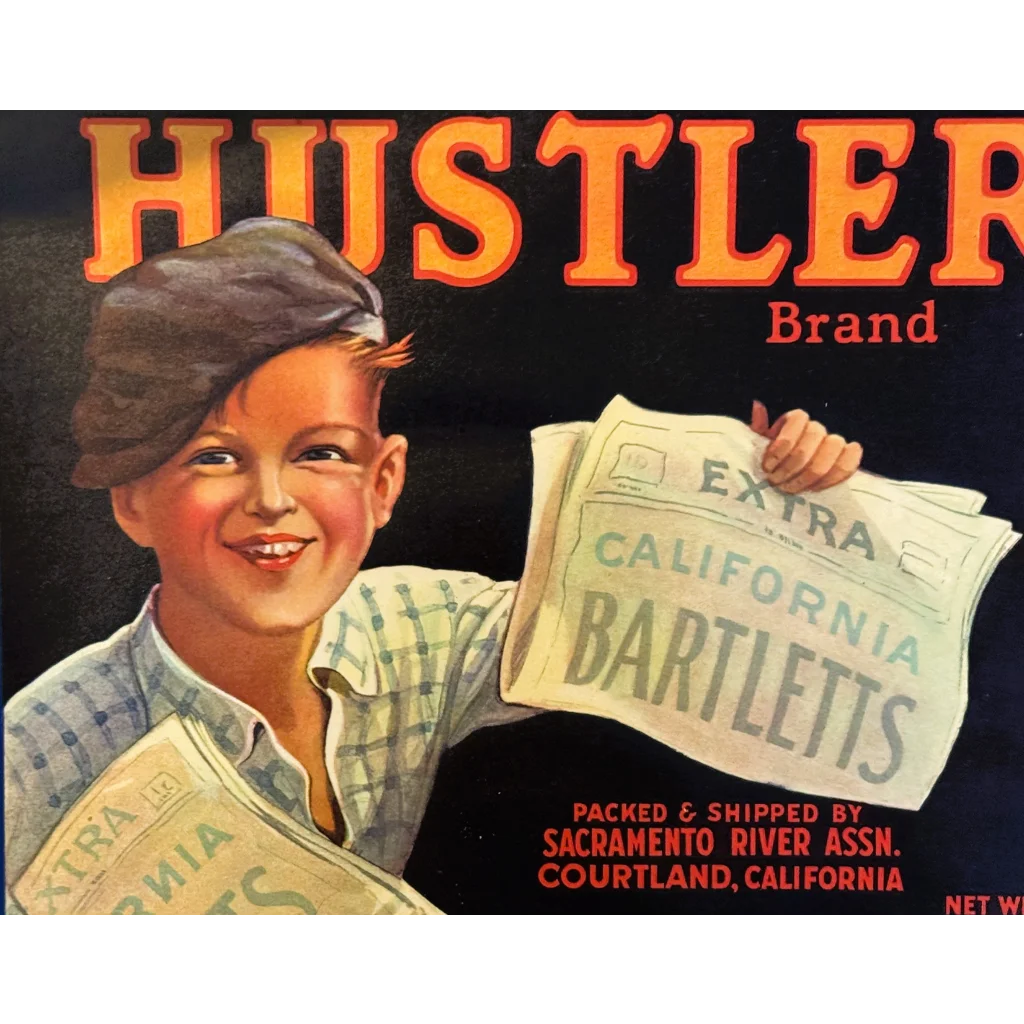 Vintage Hustler Brand label with a kid holding pear newspapers in 1940s Americana style