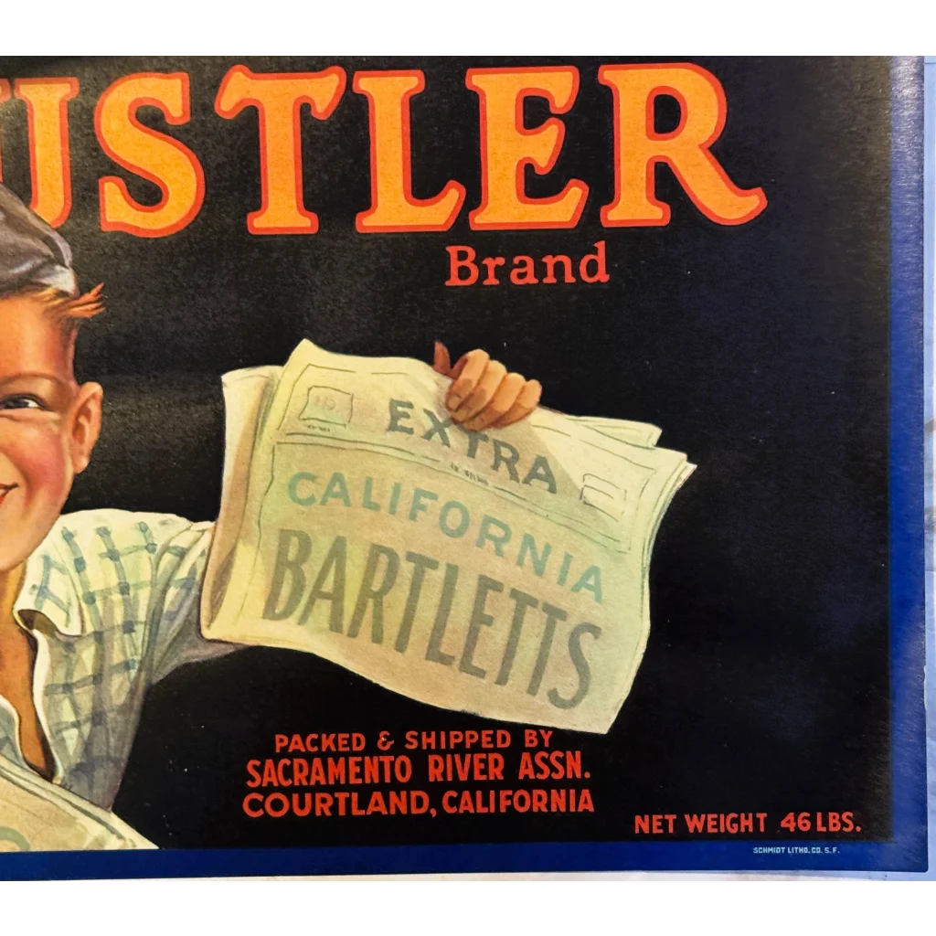 Vintage Hustler Brand Bartlett Pear crate label from Courtland, California, 1940s style