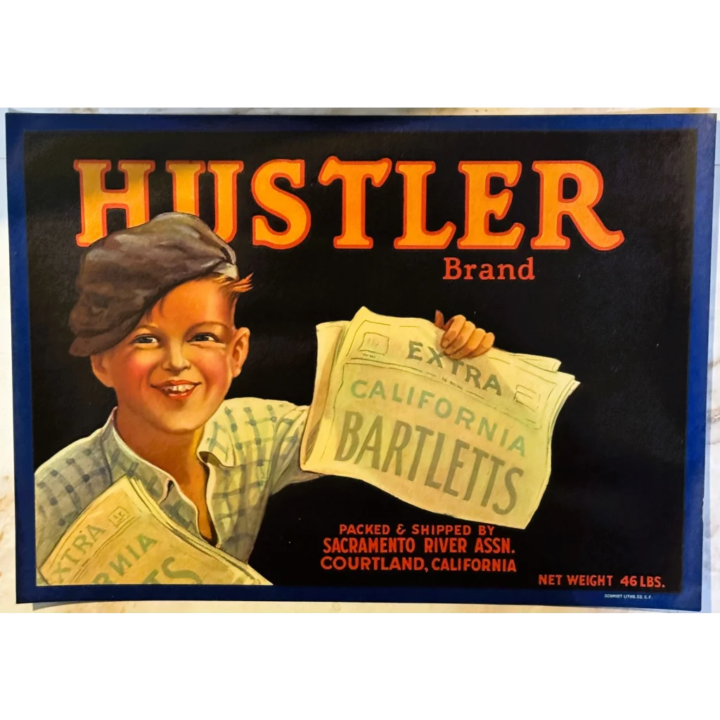 Vintage Hustler Brand Pear Crate Label with cheerful youth in 1940s style attire