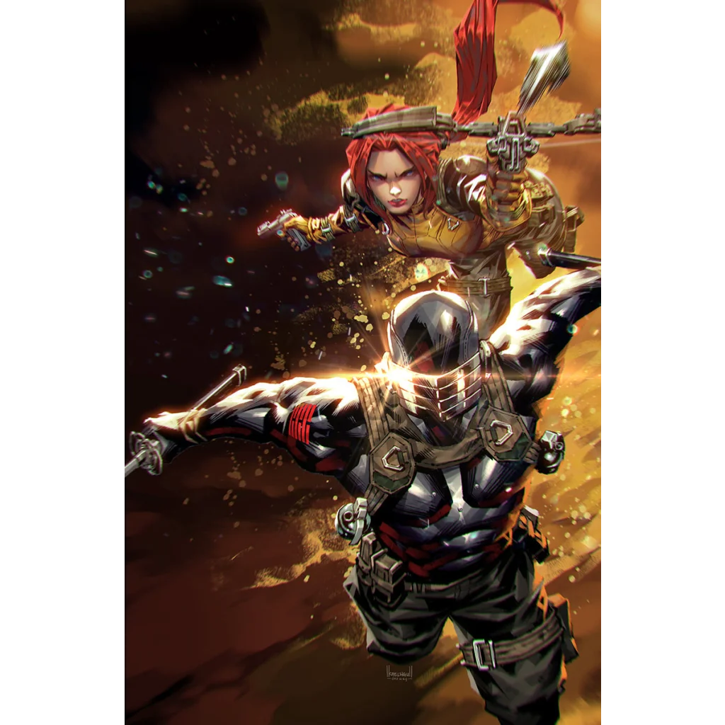 Epic battle scene with two armored warriors from Snake Eyes Deadgame Battle Print Book