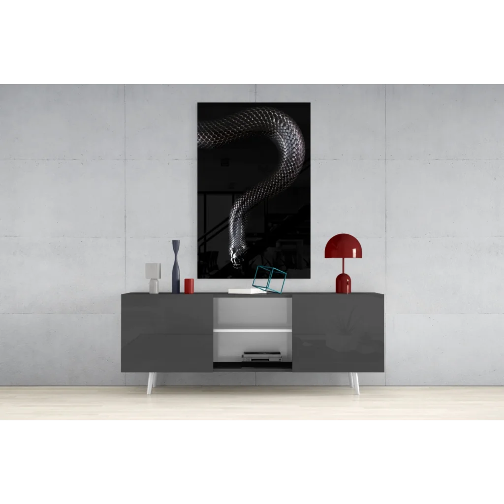 Stunning black snake glass wall art with glossy scales on wall