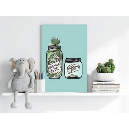 Cute elephant plush toy with gray fur and white tusks on shelf