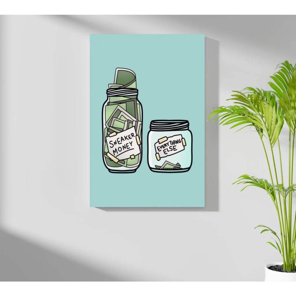 Green and white sneaker money jar with coins, aluminum wall art print