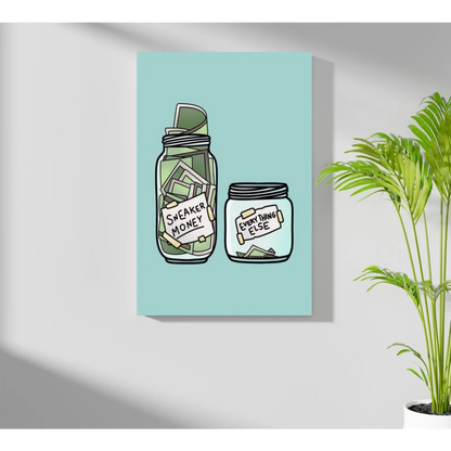 Green and white sneaker money jar with coins, aluminum wall art print