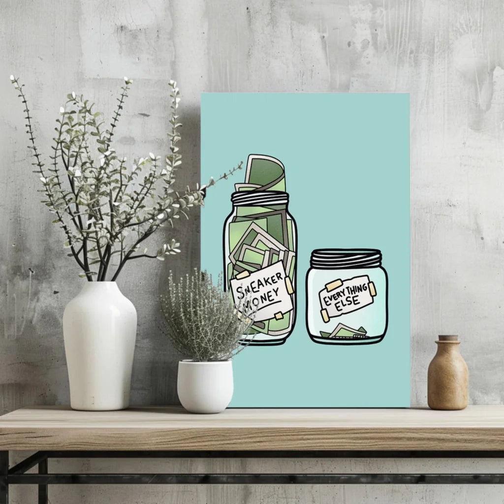 Green mason jar wall art print with sneaker money design