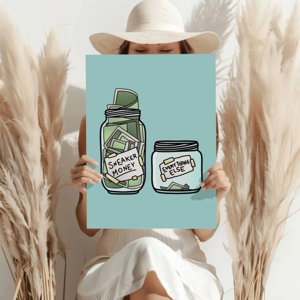 Blue Sneaker Money mason jar art print on aluminum wall