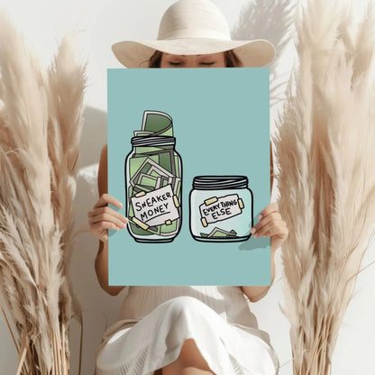 Blue Sneaker Money mason jar art print on aluminum wall