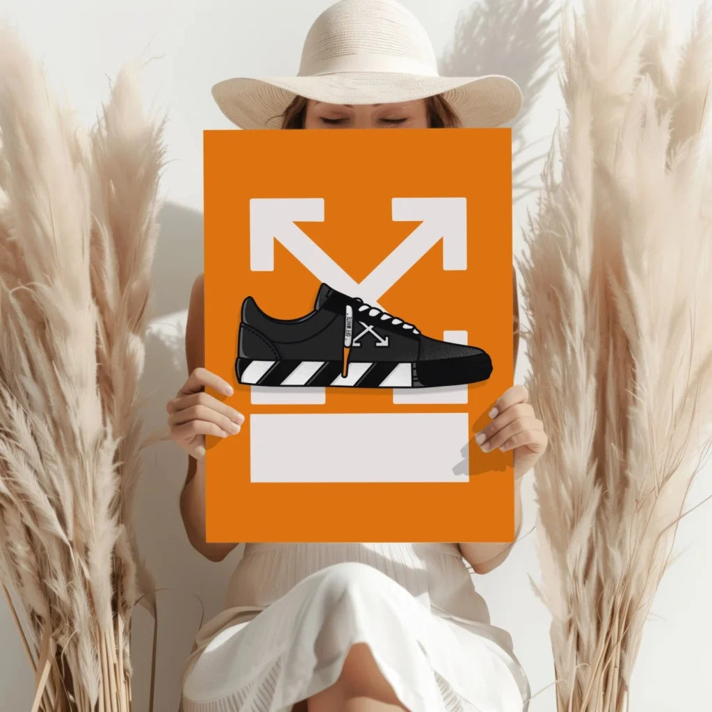 Black off-white sneaker with white laces and bold diagonal stripes on insigne aluminum prints