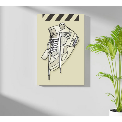 Stylized white Air Jordan 4 on insigne aluminum print, pale yellow background