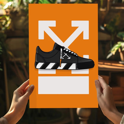 Black off-white sneaker with white stripes on insigne aluminum prints poster