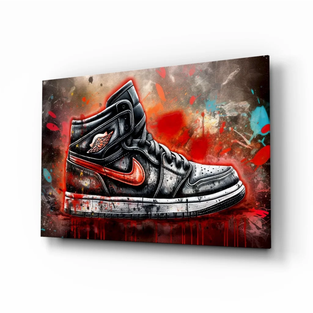 Graffiti Jordan 1 Sneaker Glass Wall Art with Paint Splatter | Insigneart USA | vintageantiquesgifts.com