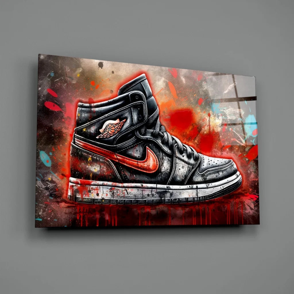 Graffiti Jordan 1 Sneaker Glass Wall Art with Paint Splatter | Glass Wall Art Print | vintageantiquesgifts.com